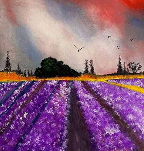 An acrylic painting of vibrant rows of purple lavender flowers stretches toward the horizon