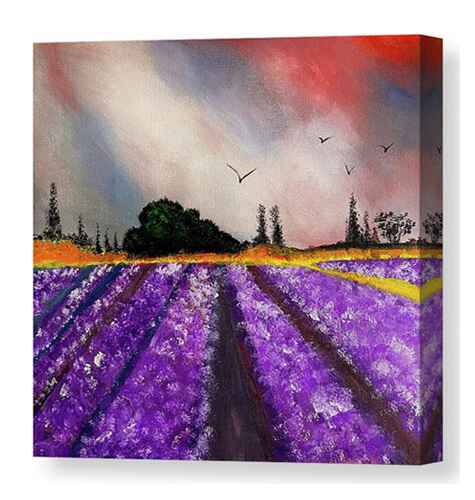 An acrylic painting canvas print of vibrant rows of purple lavender flowers stretches toward the horizon