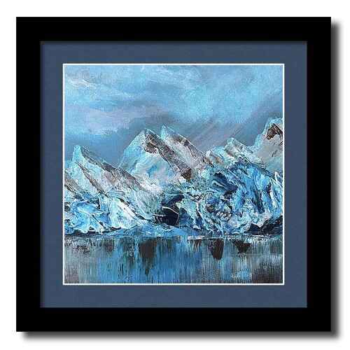 An acrylic painting framed print of a serene depiction of icy mountains and glaciers is captured in shades of blue, reflecting calm waters below. 