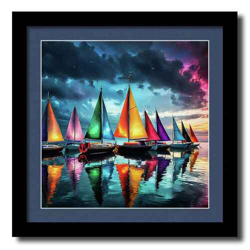 Digital artwork framed print of vividly colored sailboats that are anchored on a calm, reflective body of water
