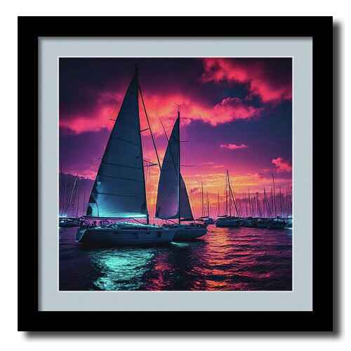 Digital artwork framed print of sailboats gliding across a vibrant, colorful sea under a dramatic sunset sky. 