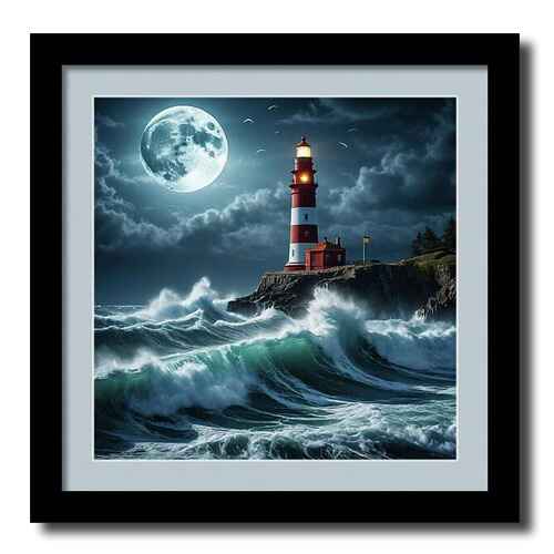 Digital artwork framed print of a lighthouse that stands tall on a rocky cliff under a full moon