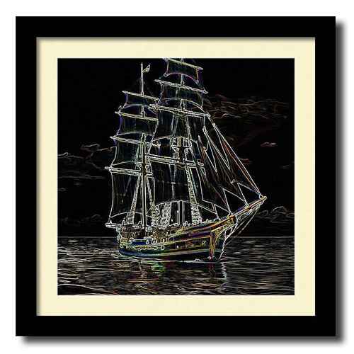 Digital artwork framed print of a sailing schooner with highlighted edges is depicted against a dark background, creating a neon-like effect.