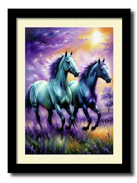 Digital artwork framed print of vibrant horse’s gallop through a field awash with radiant purples and glowing yellows from the sky