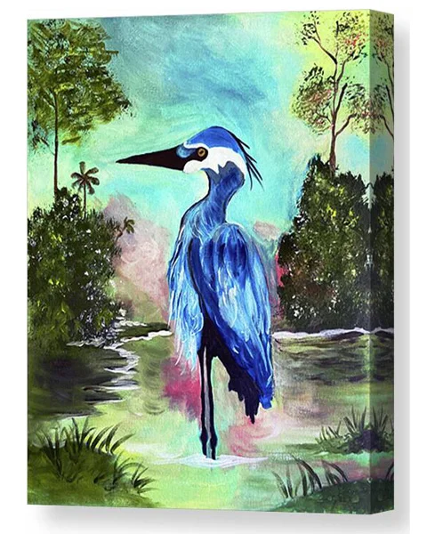 An acrylic painting canvas print of a vibrant blue heron stands at the center, poised elegantly with its long beak pointing upwards.