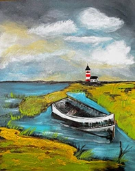 tranqulity rowboat lighthouse