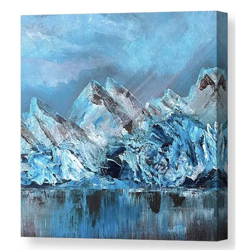 An acrylic painting canvas print of a serene depiction of icy mountains and glaciers is captured in shades of blue, reflecting calm waters below. 