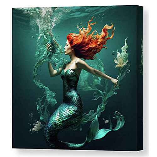 Digital artwork canvas print of a mermaid with vibrant red hair gracefully swims underwater, surrounded by swirling aquatic plants
