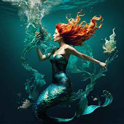Digital artwork of a mermaid with vibrant red hair gracefully swims underwater, surrounded by swirling aquatic plants