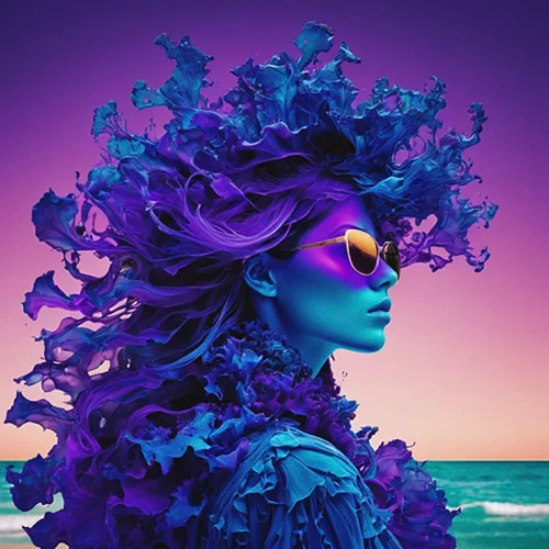Digital artwork of a woman wearing sunglasses that is staring out over the ocean with a purple haze