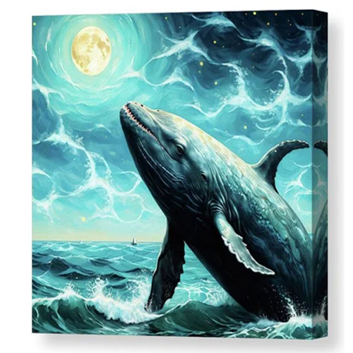 Digital artwork canvas print of a majestic whale breaches the ocean beneath a bright, glowing moon