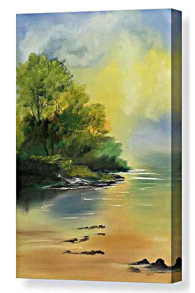 An oil painting canvas print of lush green trees bordering a serene secret lake, with gentle waves lapping at the sandy shore.