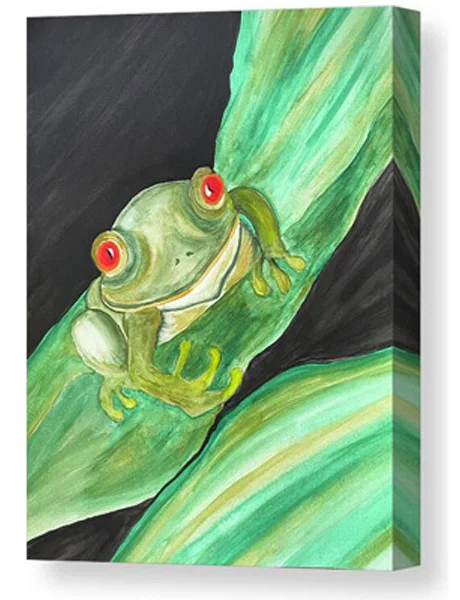 A watercolor painting canvas print of a vibrant green tree frog with striking red eyes clings to a large leaf