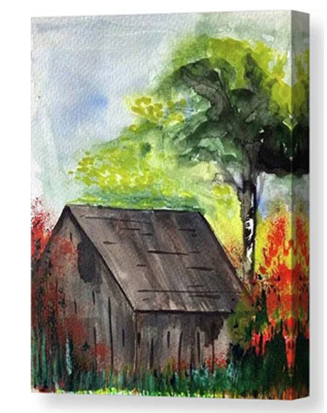 A watercolor painting canvas print of a rustic wooden brown barn is nestled among vibrant greenery