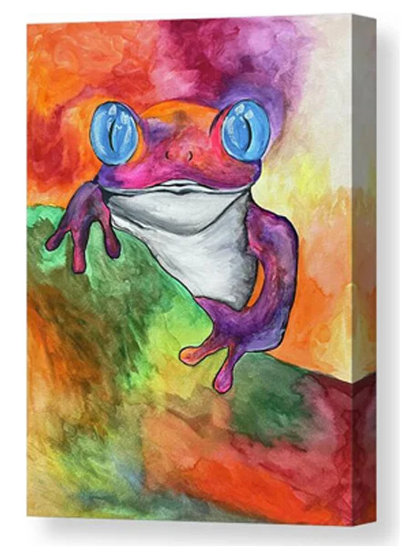 A watercolor painting canvas print of a colorful tree frog with bright blue eyes sits on a vibrant, green surface